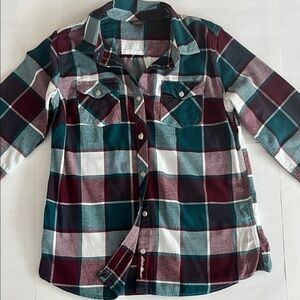 Eddie Bauer Women's Plaid Button Down Shirt - Teal, Burgundy, White size medium